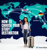 How to choose the right study abroad destination in 2026 — international student with passport and world map, Vision Global education consultants.